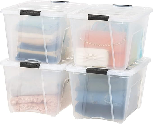 IRIS USA 4-Pack 54 Quart Storage Bins with Lids, Clear | Transparent design makes contents easy to find. Perfect for moving, blankets, clothing, and garage storage. Nestable design