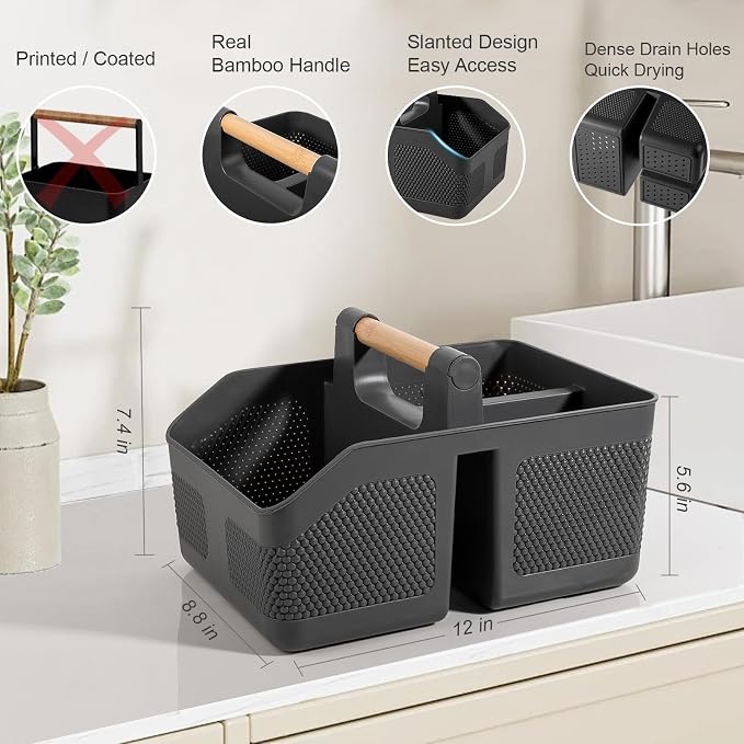 Plastic Shower Caddy Portable Shower Basket with Bamboo Handle, Dark Gray | Cleaning Caddy Organizer Storage Tote for Bathroom, College Dorm Essentials, Bath Toy Storage