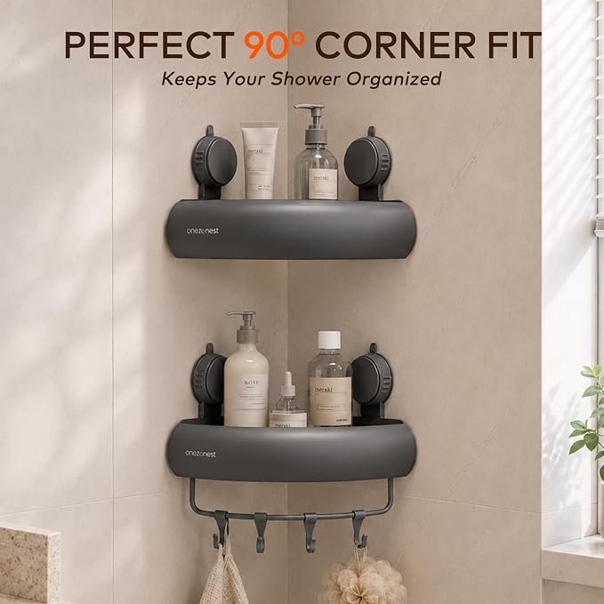 Corner Shower Caddy Suction Cup, Removable Shower Organizer Shelf | 2 Pack, Rustproof Aluminum, Includes Hooks&Hanging Bar, 2 Installation Ways, Wall-Mounted Bathroom Organizer Storage Shelves