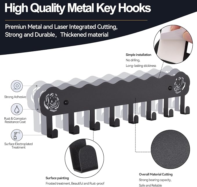 2-Pack Premium Iron Key Holder for Wall –Large Capacity & Multi-Functional | Dual Installation: Wall Mount & Adhesive, 8 Hooks Key Rack for Entryway, Kitchen, Bathroom, Office