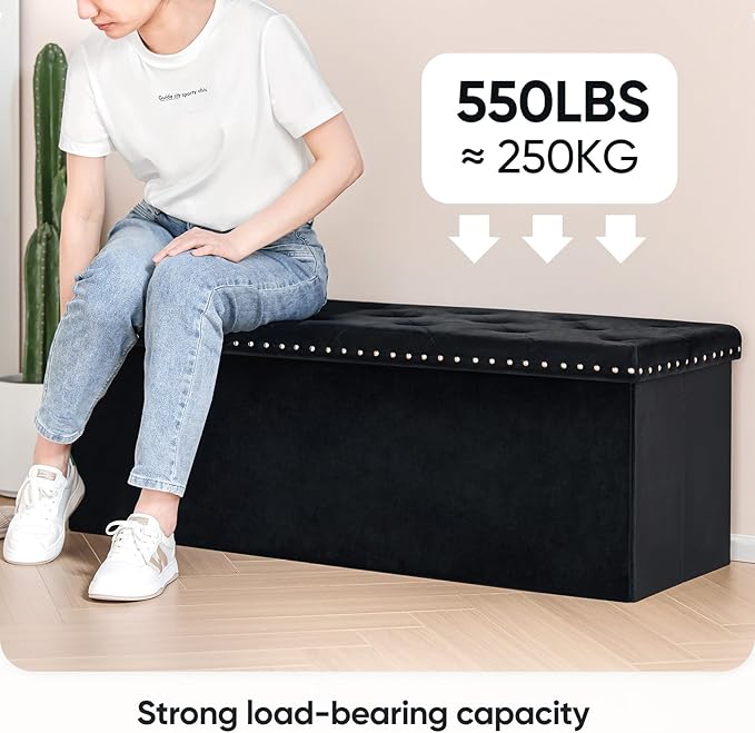 PINPLUS Folding Storage Ottoman Bench, Black Faux Leather Long Ottoman Chest, Footrest Seat, Blanket Storage for Living Room Bedroom Office Hallway, 43.3"x15"x15"