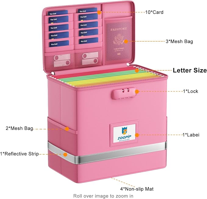 Fireproof File Box with Lock, Collapsible Document Organizer, Pink | Suitable for Hanging Folders in Letter Size, Reflective Strip for Fast Find, Home Office Safe Protection,12.2"x6"x10.2"