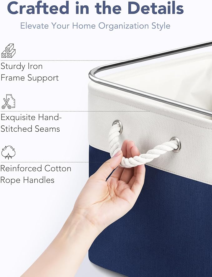 12x12 Inch Fabric Cube Storage Bins with Cotton Rope Handle 6-Pack | Top Support of Metal Frame, Bottom with Cardboard Support, Foldable Storage Bins for Closet, Bedroom, White Blue