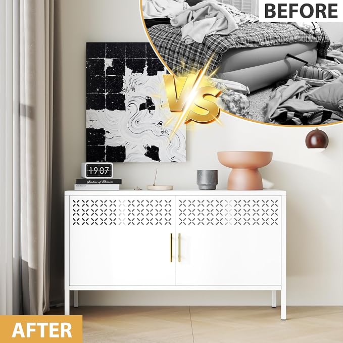 Metal Storage Cabinet, 2-Door Short Locker Cabinets with Adjustable Shelf, Magnetic Lock, Ventilated Doors, Steel Accent Sideboard Cabinet for Office Home, White