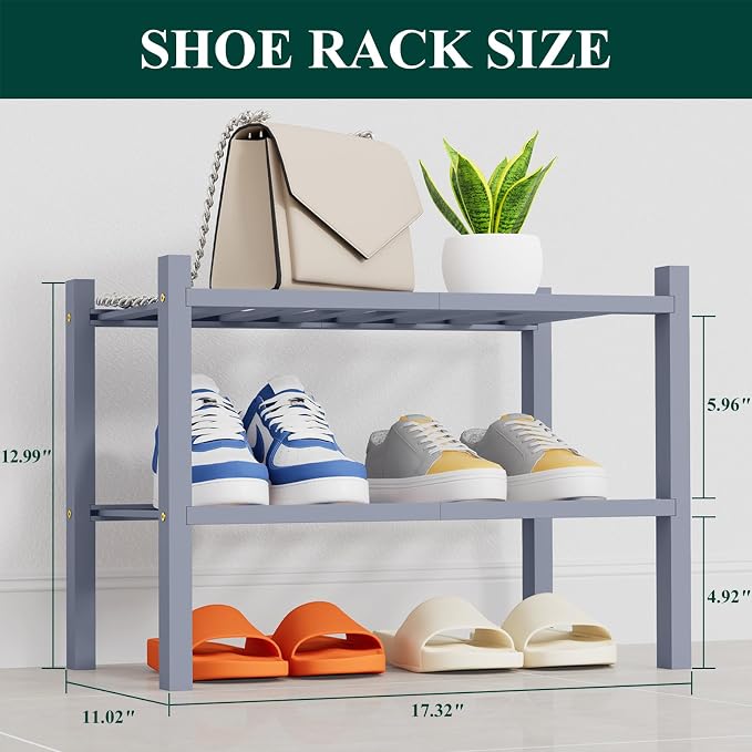 Smiry Bamboo Shoe Rack, 14 Vertical Slats, 2 Tier - 17.3" Wide, Grey | Stackable Free Standing Wooden Shoe Organizer, Wood Shoe Storage Shelf for Closet, Entryway, Thicher Leg