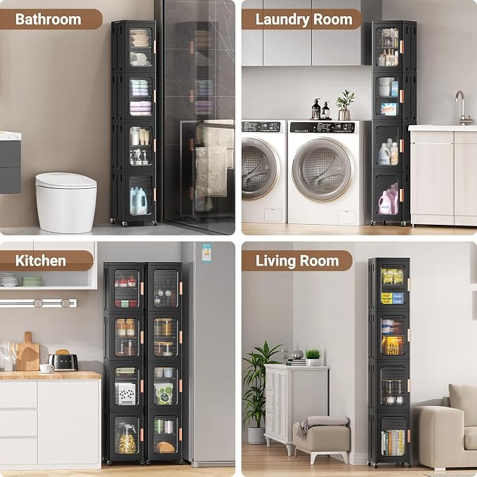 BROVIEW 3-Tier Tall Narrow Storage Cabinet Organizer, Slim Bathroom Cabinets with Adjustable Shelves and Doors, Plastic Kitchen Pantry Organizers and Storages for Small Space, Laundry, Black