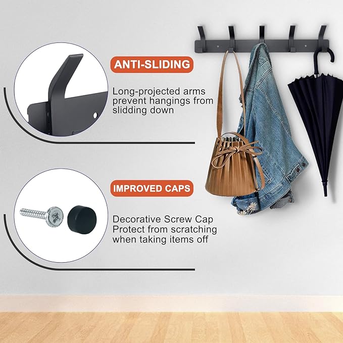 Coat Rack Wall Mounted,5 Coat Hooks for Hanging Coats,Heavy Duty Metal Double Hook Rack Hook Rail,Coat Rack with Hooks,Wall Mount Coat Hanger for Hat Towel Purse Robes ,Black,2Pack (Black2, 5 Hooks)