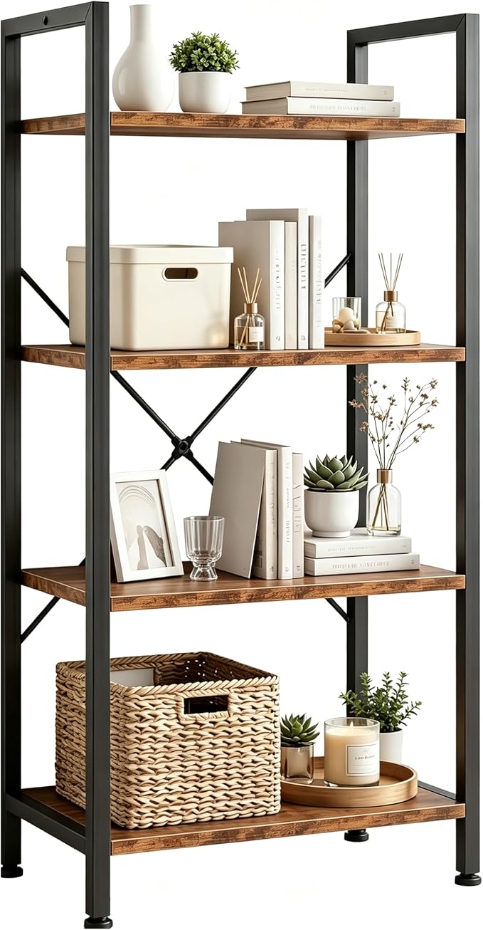 HealSmart 4 Tier Bookshelf, Free Standing Book Shelf Home Office Bookcase Shelf Storage Organizer for Bedroom, Bathroom, Living Room, Office, Balcony, Rust Brown