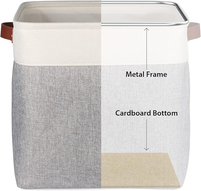 Univivi Cube Storage Bins,Fabric Storage Basket,13x13x13 inch,Gray,4 Pack | Large Capacity,Metal Frame,Hard Cardboard Bottom,Foldable,Linen Closet Baskets with PU Handles