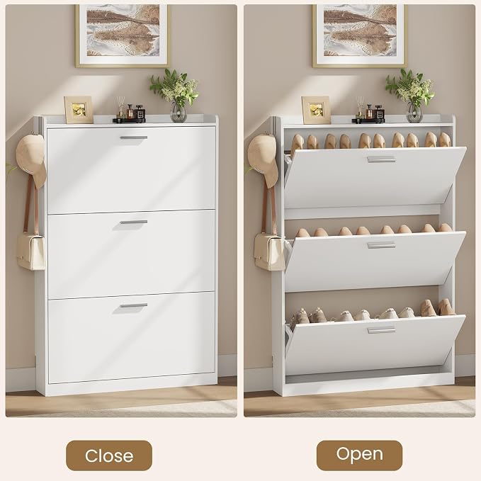 Shoe Cabinet Organizer with 3 Flip Drawers,Narrow Shoe Rack 31.5" W White | Freestanding shoe storage cabinet for entryway,foyer and hallway,space-saving flip drawers,Adjustable Shelves & 2 Hooks