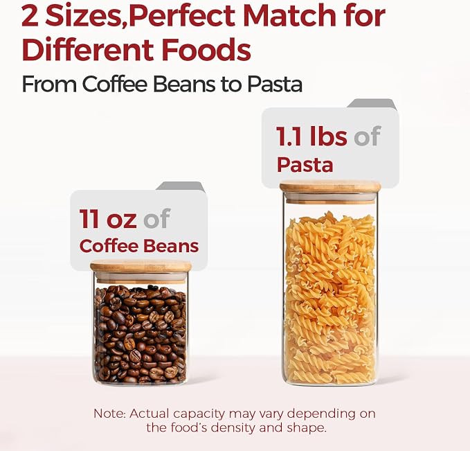Glass Pantry Storage Containers with Lids 1/1.6 Qt 6 Pack Square | Pantry Organization, Stackable Design, Flour Sugar Coffee Beans Pasta Cereal Dry Food Storage,Kitchen Cabinet Organizer