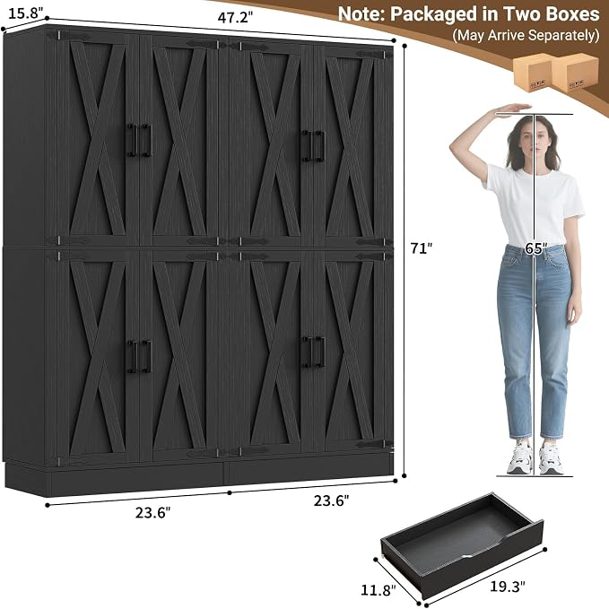 Unikito Black 71" Tall Kitchen Pantry Cabinet, Hidden Drawers and Farmhouse Barn Doors, 8 Adjustable Shelves, Freestanding Cupboard for Kitchen, Dining Room, Living Room, Utility Room, 2 Pack