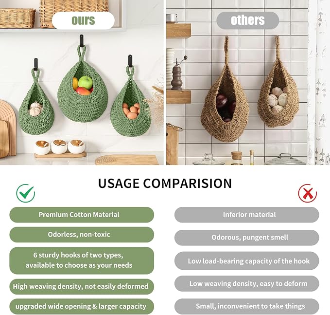 Boho Wall Hanging Fruit Baskets for Kitchen 3 Pack Woven Produce Holder with 6 Pcs Strong Hooks Vegetable Hanging Basket for Organizing Teardrop Home Wall Potato Onion Storage, Green