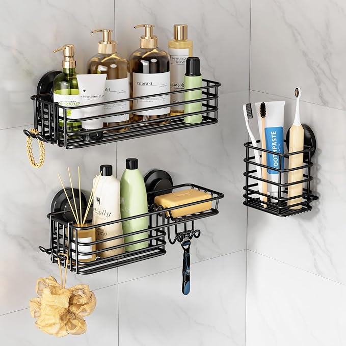 LEVERLOC Shower Caddy Suction Cup, Bathroom Organizer for Inside Shower | Black Bathroom Organizer With Hook, Rustproof Shower Holder Storage, 3 Pack Shower Caddies, Heavy Duty Shower Basket