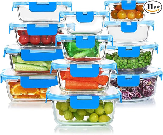 24 Pieces Glass Food Storage Containers Set, Blue | Glass Meal Prep Containers, BPA-Free Airtight Glass Storage Containers with lids, Freezer, Microwave and Oven Safe