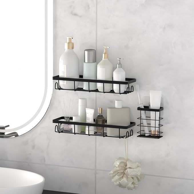 Shower Caddy Organizer with Hooks,Self Adhesive Bathroom Shelves,Shower Shelves,No Drilling Bathroom Organizers and Storage,Perfect for RV, Apartment, Home Decor,3 Pack Black