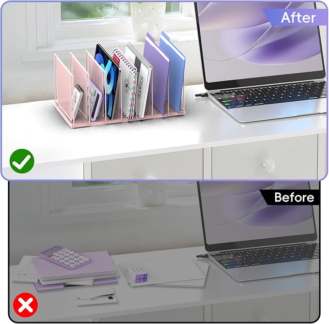 File Organizer for Desk, 7-Section Vertical File Sorter, Paper Holder Organizer Standing Metal File Folder for Office Home Classroom, Pink