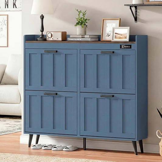 ChooChoo Shoe Storage Cabinet with 4 Flip Drawers and Deodorizer | Shoe Organizer Storage for Entryway, Freestanding Hidden Slim Narrow Shoe Rack Cabinet, Blue
