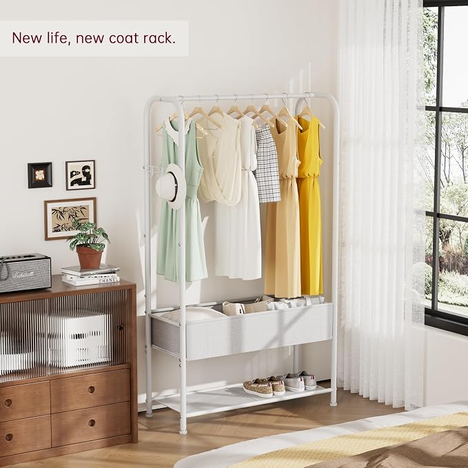 SINGAYE Wardrobe Standing Closet Clothing Rack With Shelf Hanging Clothes | Wardrobe Open Compact Small Metal Garment Hanger Stand Alone Free Standing Black Closet Rack Storage Organizer Heavy Duty