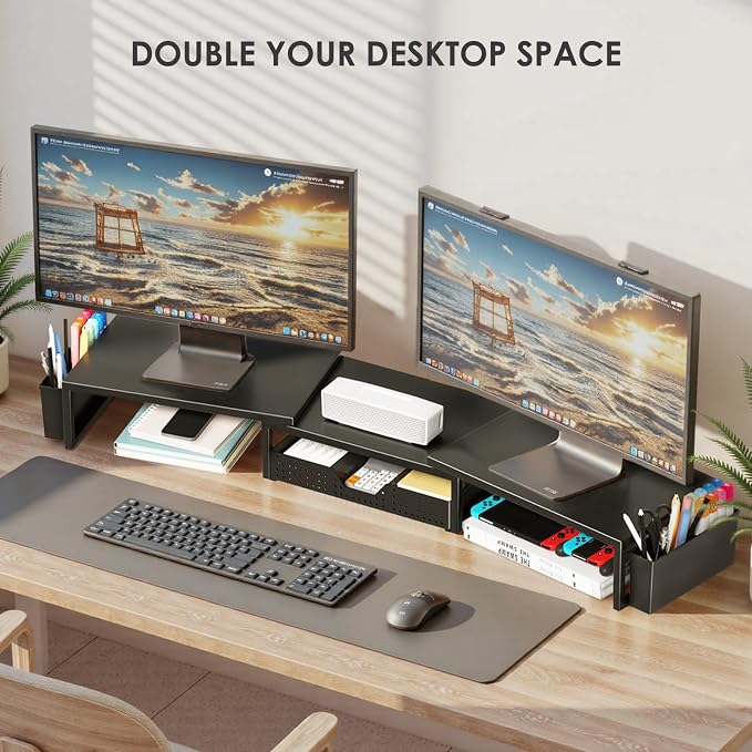 OPNICE Desk Organizers and Accessories, Dual Monitor Stand Riser with Drawer and 2 Pen Holders, Desk Shelf Computer Racks for Office Workspace Organizers, Desktop Organization (Black)