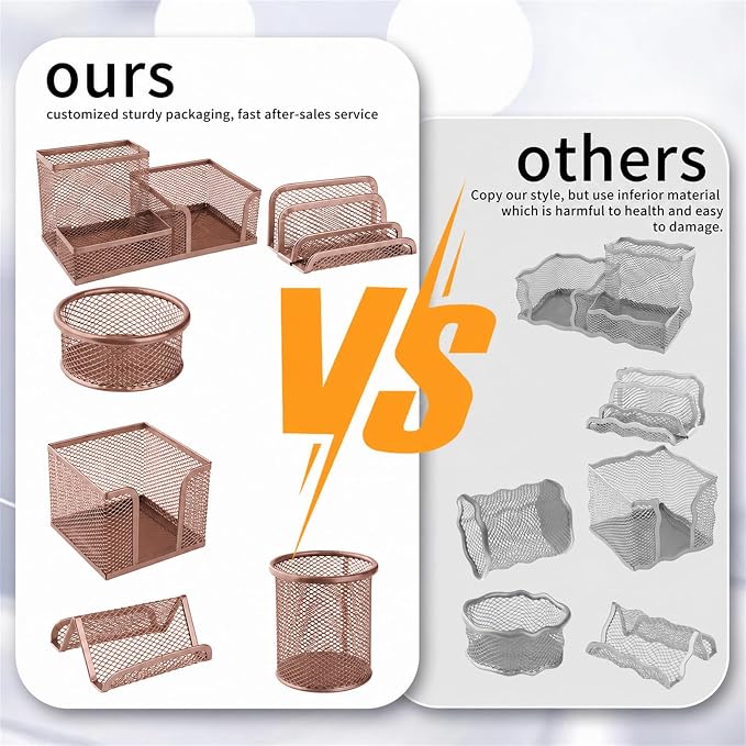 Desk Organizer for Office, 6 Pieces Mesh Desk Multi-functional Storage Set Office Supplies Accessories (Rose Gold)