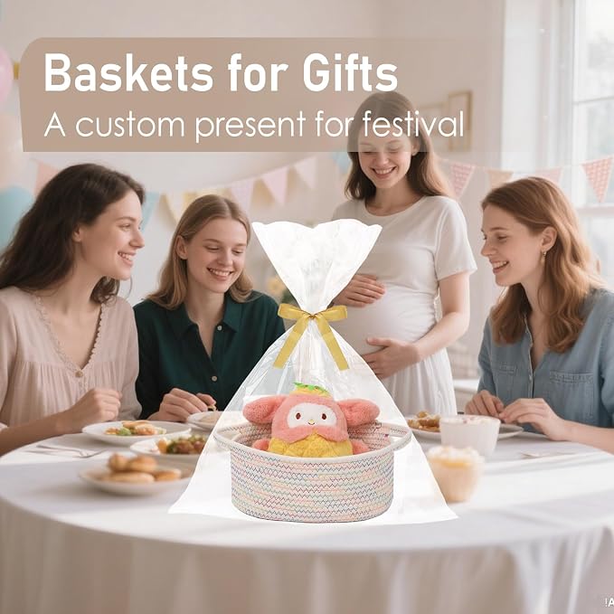 JMvicyroam Small Woven Basket, Empty Gift Basket, Colorful/3 Pack | Small Gift Basket, Cotton Rope, 12 x 8 x 50 in, Handles, Includes Ribbon and Bag, Birthday Gift Basket
