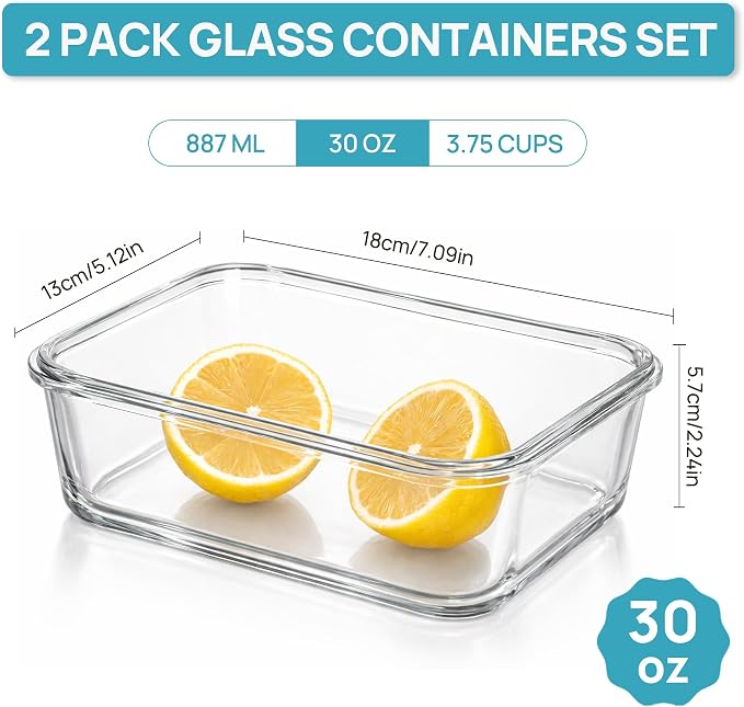 Vtopmart 2Pack 30oz Meal Prep Container Glass with Lids | Glass Food Storage Container Sets, Snap Airtight Lids, For Microwave, Oven, Freezer and Dishwasher, BPA Free