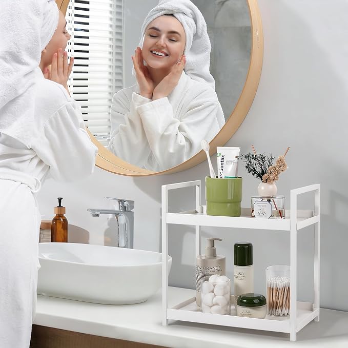 Bathroom Counter Organizer Vanity Storage Countertop Shelf, Small White | 2 Tier Makeup Organizer Perfume Tray Skincare Holder for Sink, Dresser, Kitchen