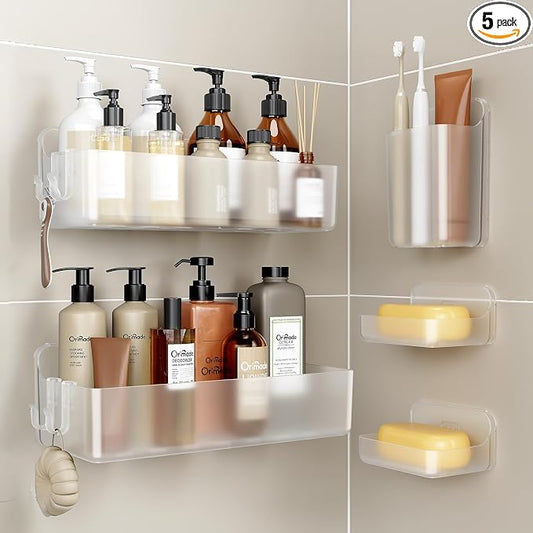 Orimade Shower Caddy 5-Pack, No-Drill Adhesive Shelves for Bathroom, Rustproof ABS Storage Organizer Set, Clear