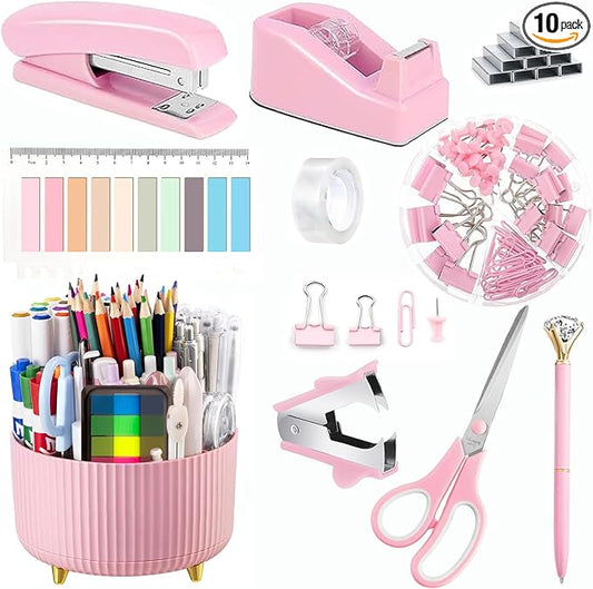 Office Supplies,Pink Desk Accessories,Office Supplies Set,Desk Organizer,Stapler,Tape Dispenser,Scissors,Staple Remover,Binder Clips,Staples,Ballpoint Pen,Index Tabs with Ruler,Clear Tape.10pcs