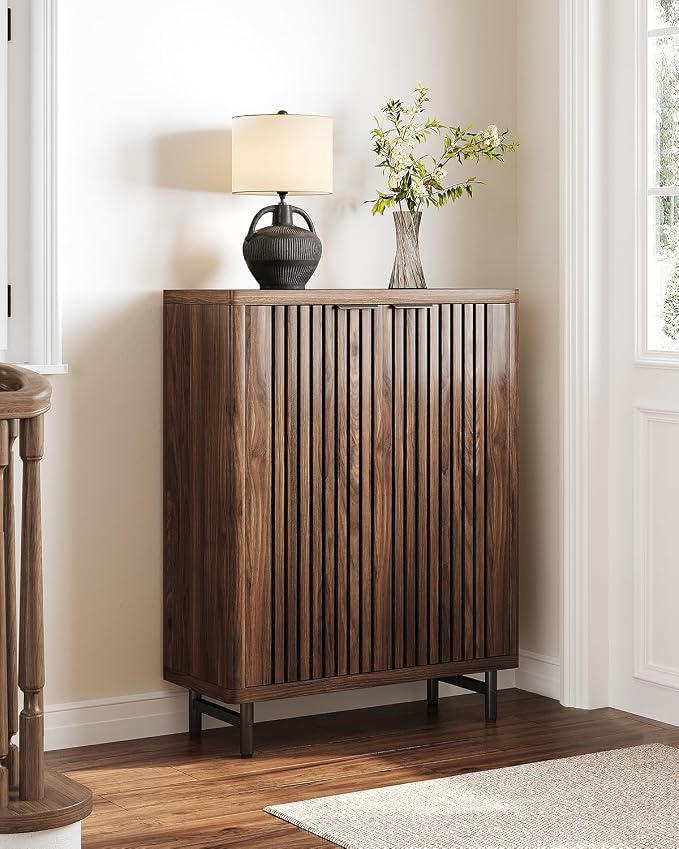 LITTLE TREE 6-Tier Shoe Cabinet with Doors for Up to 24 Pairs, Large Wooden Shoe Storage Cabinet with Adjustable Shelves, Retro Freestanding Shoe Organizer Cabinet for Entryway, Hallway, Dark Walnut
