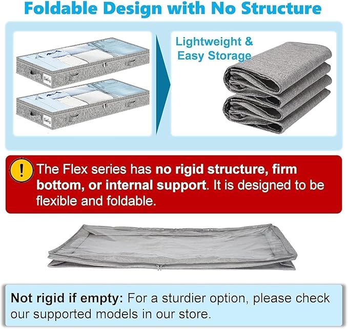 3 Inch Low Profile Under Bed Storage Drawer 2 Pack, Lightweight Underbed Clothes Storage Container Bins With NO STURCTURE, Shallow Storage Bag for Dorm & Home, With Clear Lids & Water-Resistant Fabric