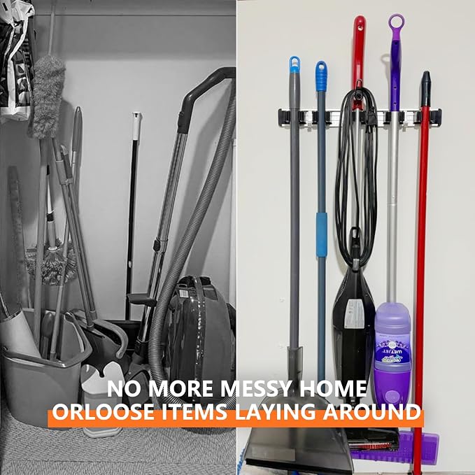 reliahom Broom Holder Wall Mount Mop Hanger Tools organizer 5Racks 4Hooks | Adjustable Mop Broom Wall Hanging Heavy duty Tools Storage Rack Space-saving for Garage,Kitchen,Laundry Room,Garden, Black