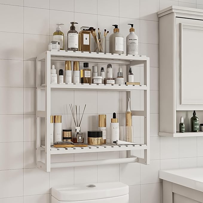 Galood Over The Toilet Storage Bathroom Shelves Wall Mounted 3 Tier Space Saver Corner Shelf Organizer Bamboo Towel Rack Toilet Paper Cabinet with Hanging Rod White