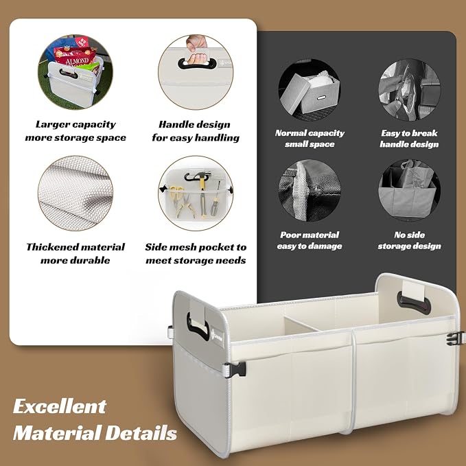 Sposuit Trunk Organizer for Car - 70L Collapsible Sturdy Car Storage, White | 11 Pockets & Reinforced Handles, Large Capacity, SUV Trunk Organizers for Grocery Cargo, Non-Slip Bottom