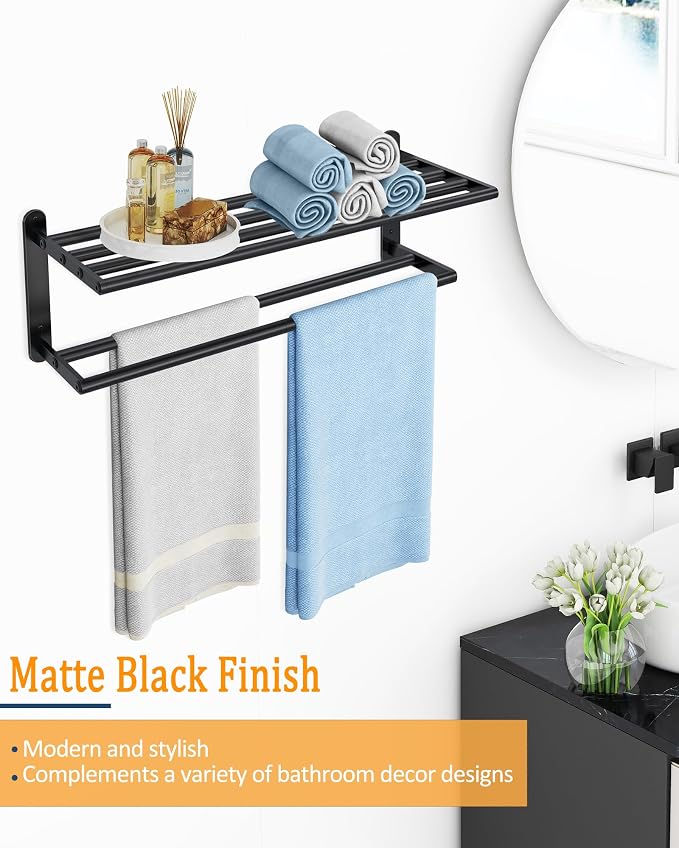 Double Towel Racks for Bathroom, Towel Shelf with Double Towel Bar 24 inch, Towel Rack with Shelf for Bathroom, Stainless Steel Towel Holder Wall Mounted, Towel Storage for Bathroom Lavatory Black