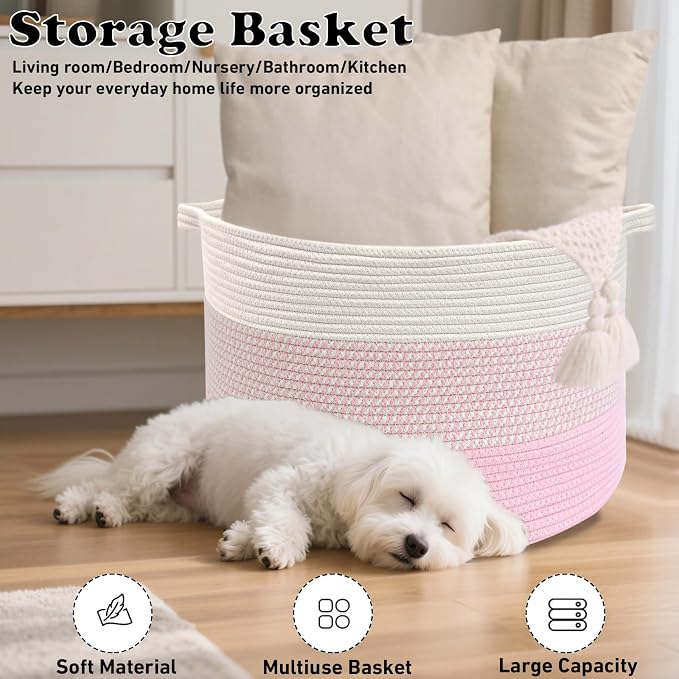 65L Large Blanket Basket,Woven Rope Laundry Basket-Mixed Pink | Collapsible, reinforced handles, nursery storage bin organizes clothes, toys and pillows for living room, bedroom bathroom