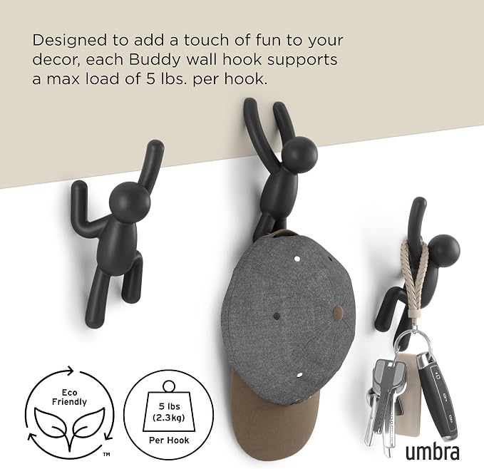 Umbra Buddy Wall Hooks – Decorative Wall Mounted Coat Hooks for Hanging Coats, Scarves, Bags, Purses, Backpacks, Towels and More, Set of 3, Black | Easy install with hardware, holds 5lbs per hook, entryway bedroom bathroom dorm, playful hanging storage...