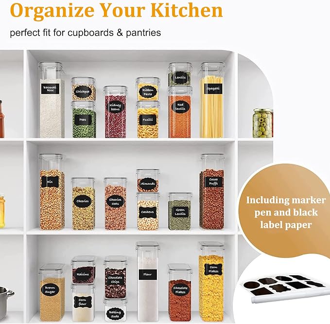 18 Pack Airtight Food Storage Containers with Lids | clear airtight containers with tight lids keep dry food fresh. Safe plastic, stackable for pantry kitchen storage