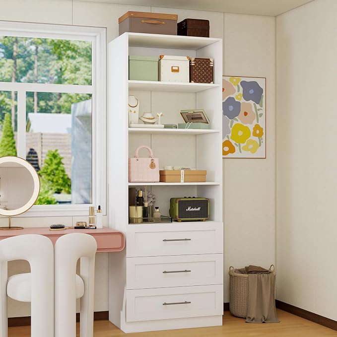 Closet System with 3 Drawers & 4 Shelves, Wood Closet Organizer System with 1 Extra Hanging Rod for Walk in Closet, Modular Closet Organizer System White(2FT)