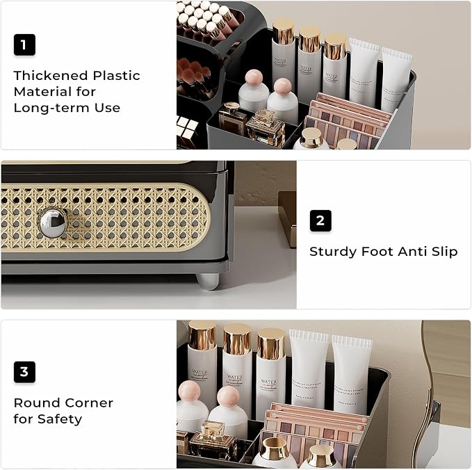 UFORU Makeup Organizer Countertop with Brush Holder for Vanity Bathroom | Large Capacity, Thickened Plastic, 2 Rattan Drawers, Compact Size, Detachable Brush Holder, Divided Compartments, Easy Access