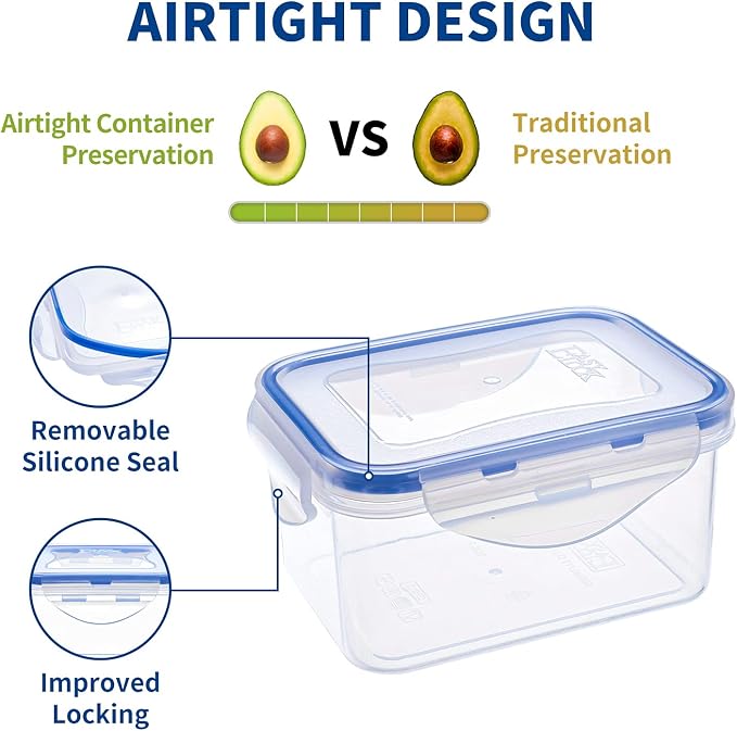 KIGI Small Food Storage Containers, 4 Count (2.1 Cup) | Rectangle, 4-Sided Locking Airtight Lids, BPA-Free Plastic, Leak-Proof for Lunch, Meal Prep, Snack & Portion Control, 17 oz