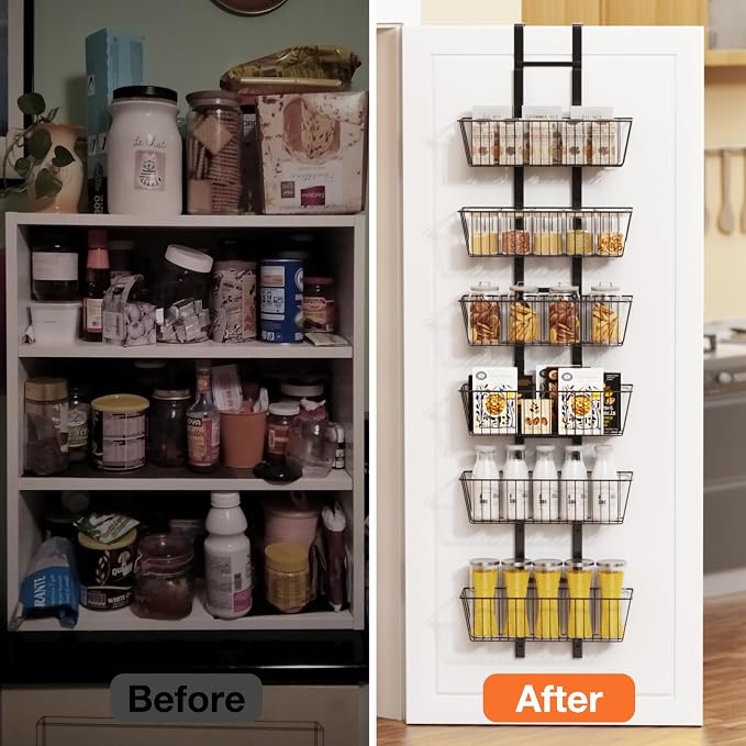 6 Tier Over the Door Pantry Organizer, Over the Door Spice Rack with Adjustable Baskets, Metal Hanging Door Pantry Organizers and Storage for Kitchen Bathroom Bedroom, Black