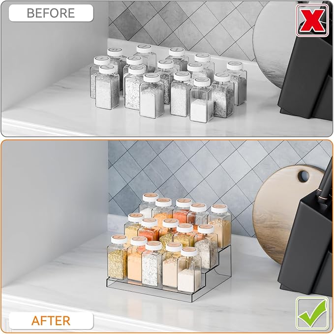 3 Tier Clear Acrylic Spice Rack Organizer for Cabinet and Pantry Shelf - 10.3″L x 9.4″W Tiered Spice Rack & Holder,Step Shelves for Vitamin,Medicine Bottle,Jar,Can,Condiment,Seasoning Shelf