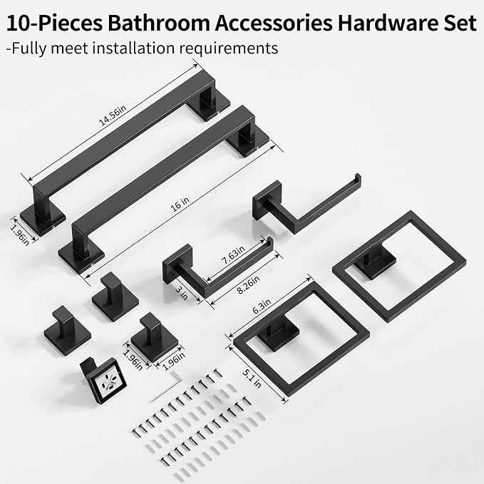 Gypie Bathroom Accessories Set 10-Piece Stainless Steel Modern Wall Mount Towel Racks for Bathroom 16In, Matte Black