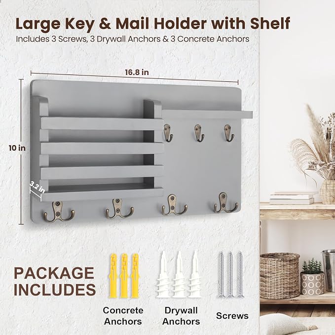 Nekon Mail Holder for Wall Mail Organizer with Key Hooks Hallway Farmhouse Decor Storage Racks with Floating Shelf and Flush Mount Hardware (16.8Inch x 10Inch x 3.2Inch) (Gray)