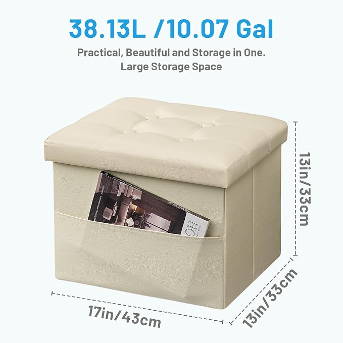 Bsketa Storage Ottoman Bench,17 Inch Folding Leather Foot Rest Stool, Beige | Small Ottoman with Side Pockets, Thicker Foam Padded Seat, Livingroom, Dorm, Bedroom, Easy to install, 43L,17x13x13in