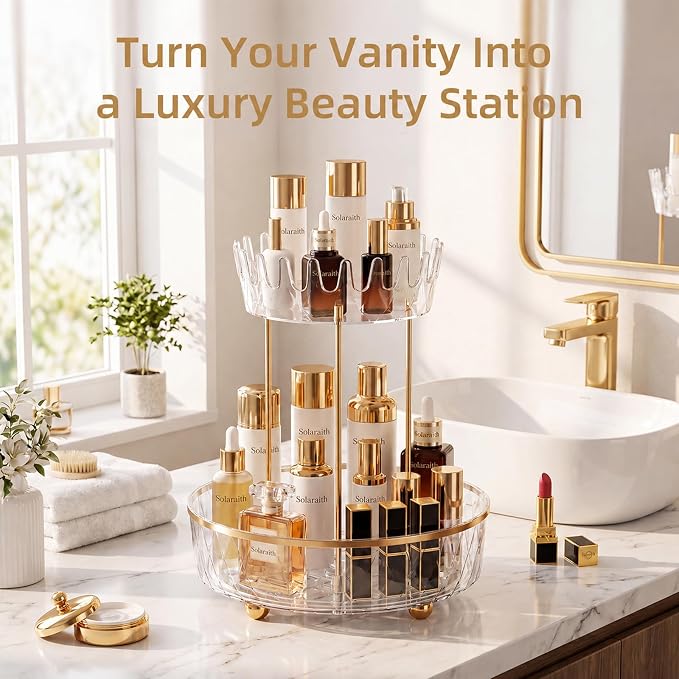 2 Tier Rotating Makeup Organizer for Vanity, Clear Bathroom Counter Organizer, Skincare Organizer and Perfume Organizer, Countertop Cosmetic Storage for Cabinet, Pantry and Kitchen (Clear)