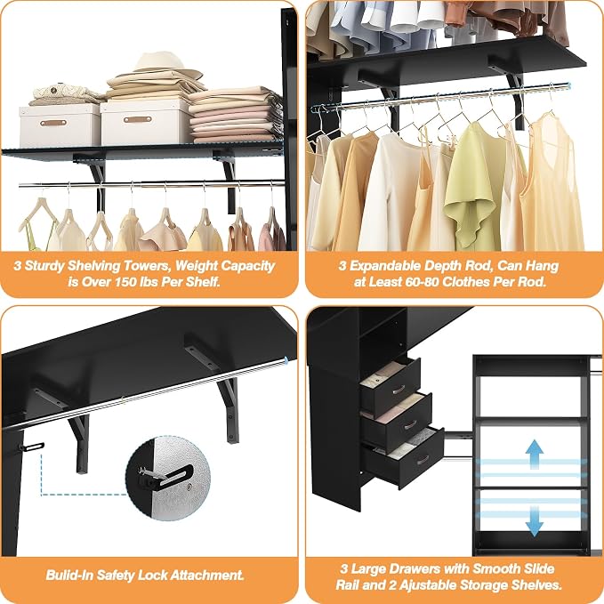 96" Wood Closet System with 3 Enclosed Drawers & 3 Solid Shelves, 8FT Adjustable Closet Organizers and Storage, Heavy Duty Modular Wardrobe for Reach-In & Walk-In, 1000 LBS Load, Black