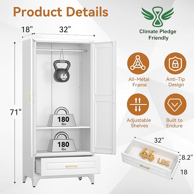 Polup 71" White Metal Wardrobe Closet with Doors and 1 Drawer | Tall Steel Armoire, Hanging Rod, Adjustable Shelves, Sturdy Freestanding Clothes Organizer for Bedroom, Laundry & Office